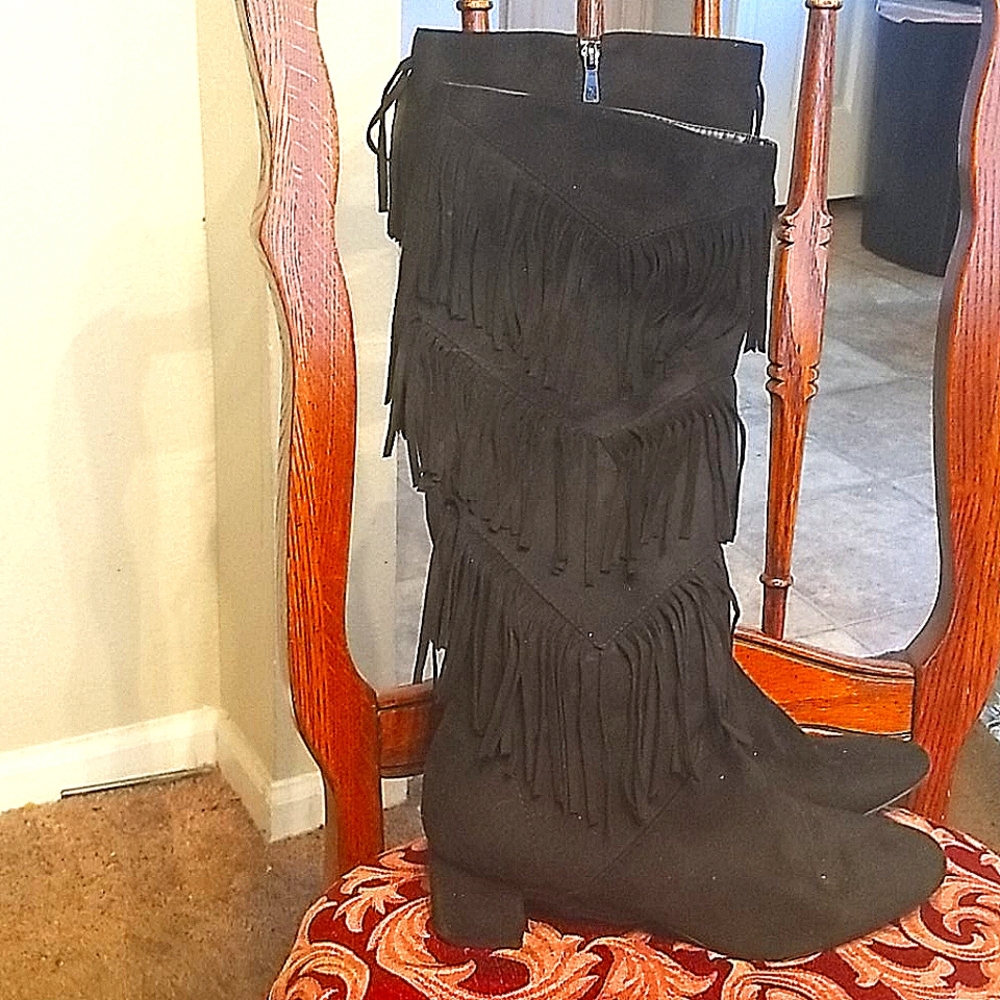 Black fringe knee high boots